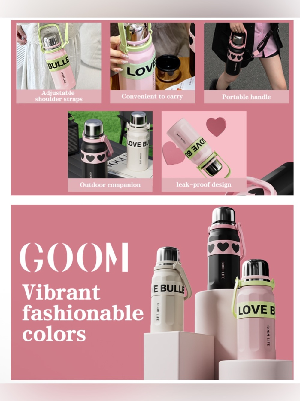 GOOM 32oz Thermos Pink Water Bottle, Stainless Steel, No Leak, Strap Love Bullet - Picture 7 of 16